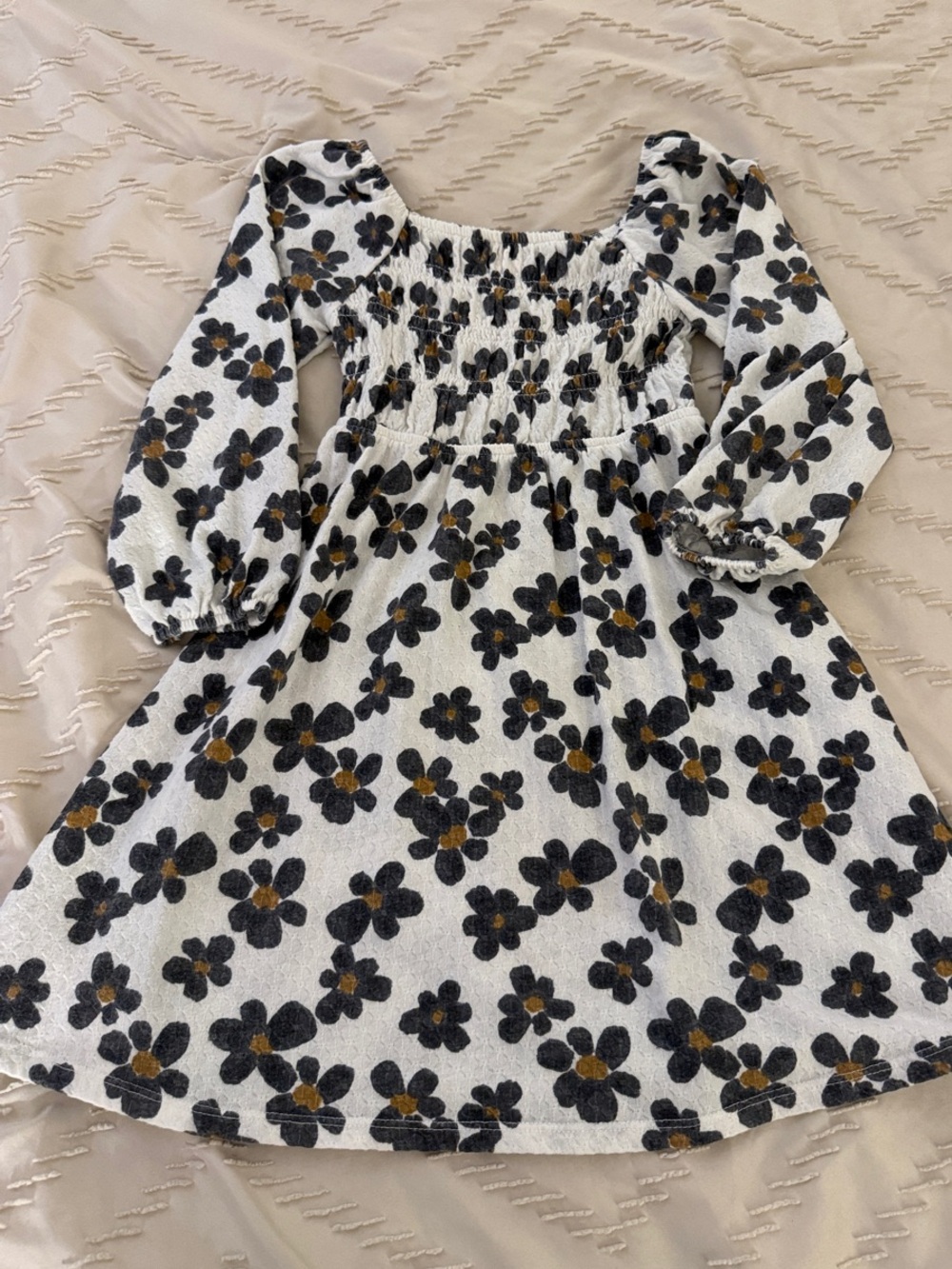 Girls White Floral Smocked Dress with Puff Sleeves